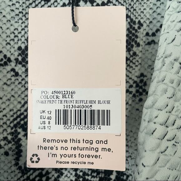 Missguided snake print tie front ruffle hem blouse size 8 new with tags NWT - Picture 6 of 9